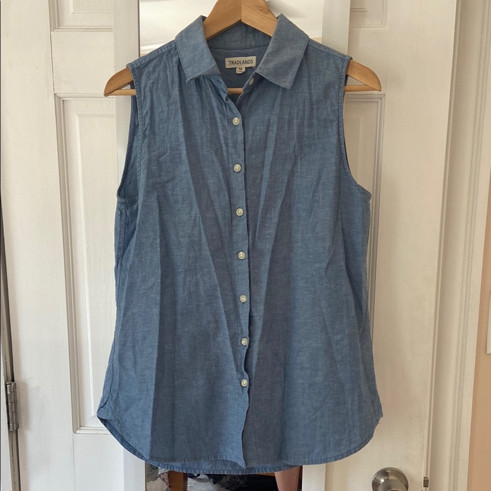 Tradlands Sleeveless Button-Down Chambray Shirt in Light Blue
